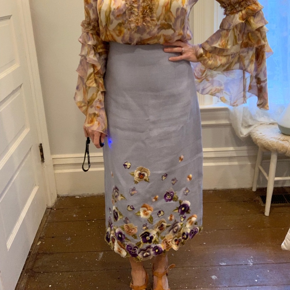Lavender Floral-Embroidered Midi Skirt